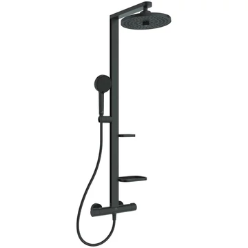 Ideal Standard Alu+ termosztátos zuhanyrendszer, 2 funkciós zuhanyfejjel, 2 polccal, matt fekete