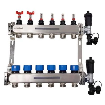 Install osztó-gyűjtő átfolyásmérő + komplett végelem 12 kör 1" - 3/4" EUROKÓNUSZ inox Install osztó-gyűjtő átfolyásmérő + komplett végelem 12 kör 1" - 3/4" EUROKÓNUSZ inox