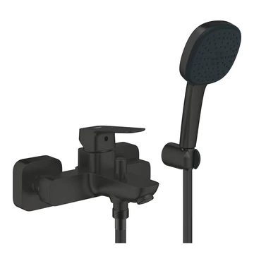 Grohe Cubeo kád csaptelep + Tempesta Cube 110 zuhanyszett fali zuhanytartóval, matt fekete