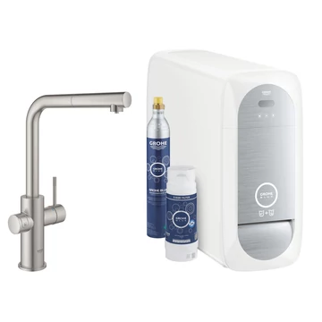 Grohe Blue Home L-kifolyós kezdőkészlet S-es méretű filterrel, kihúzható fejjel, szín: SuperSteel